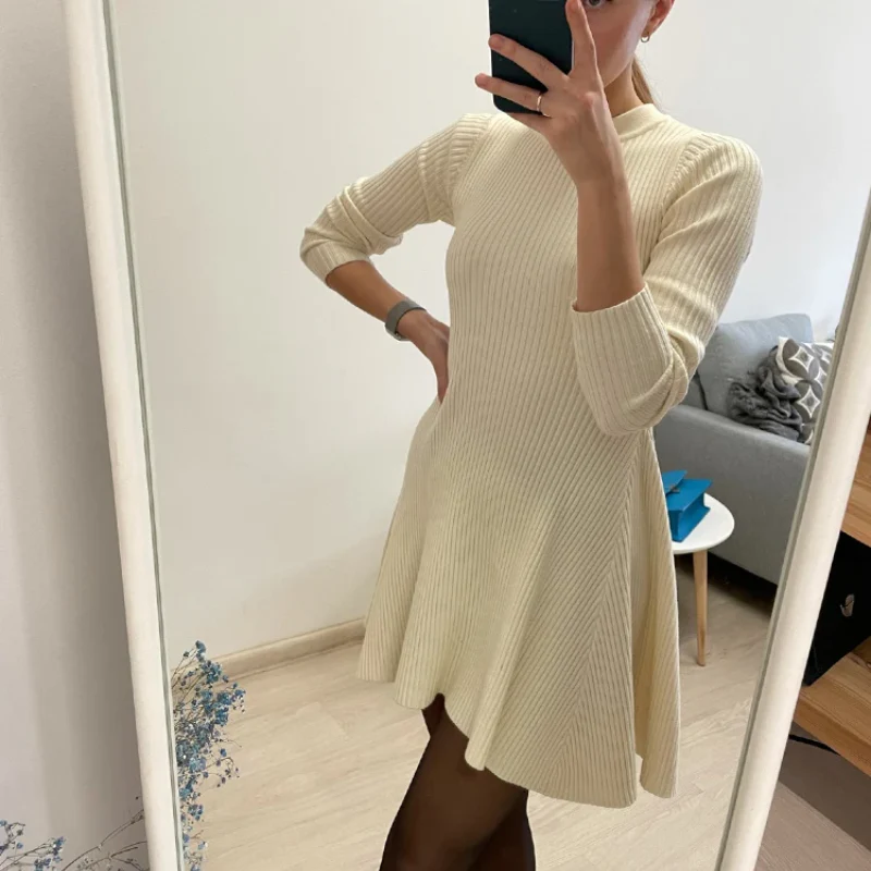 Women's Knit Dress – Ribbed Texture – A-line Fit – Long Sleeves – Mini Length - Image 9