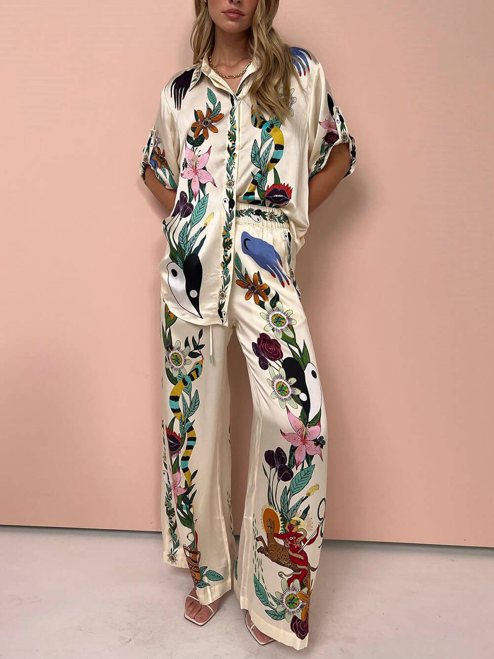 Ladies Set – Satin-Look Blouse and Shorts – Relaxed Fit – Short Sleeves – Luxury Print - Image 4
