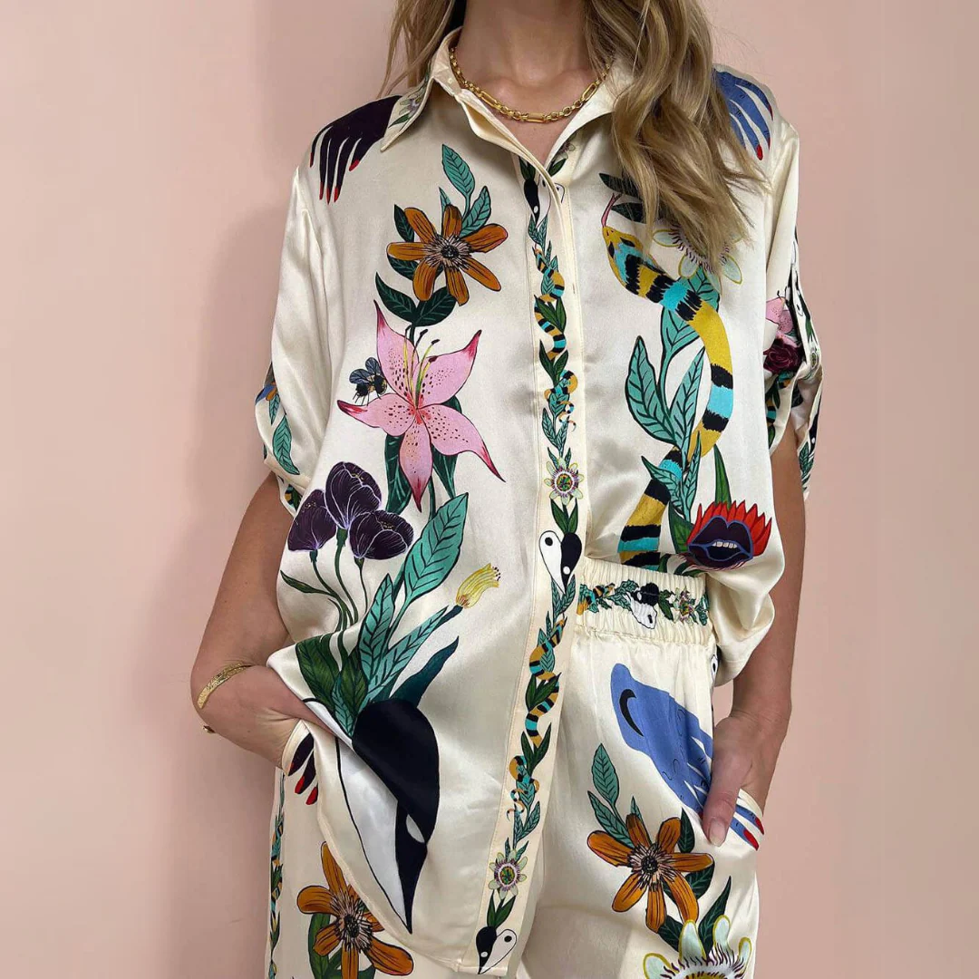 Ladies Set – Satin-Look Blouse and Shorts – Relaxed Fit – Short Sleeves – Luxury Print - Image 7