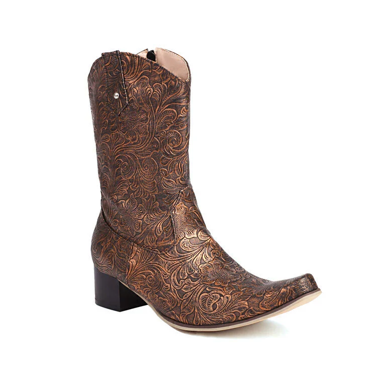 Women's Boots – Mid-Calf – Embossed Floral Pattern – Pointed Toe – Low Heel – Zipper - Image 2