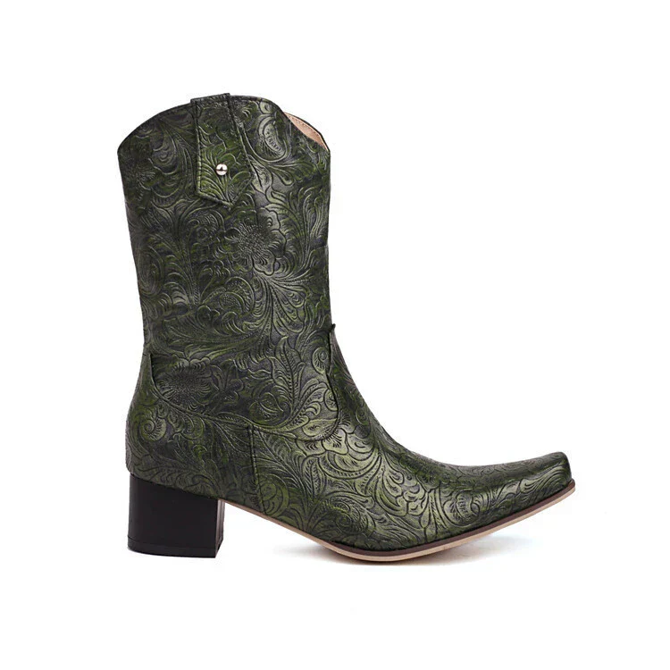 Women's Boots – Mid-Calf – Embossed Floral Pattern – Pointed Toe – Low Heel – Zipper - Image 3
