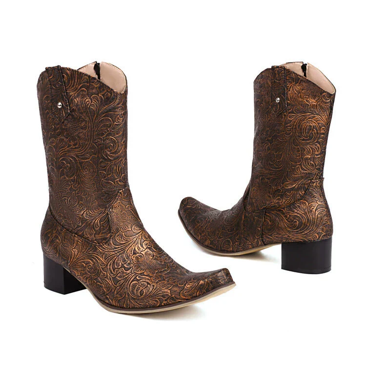 Women's Boots – Mid-Calf – Embossed Floral Pattern – Pointed Toe – Low Heel – Zipper - Image 4