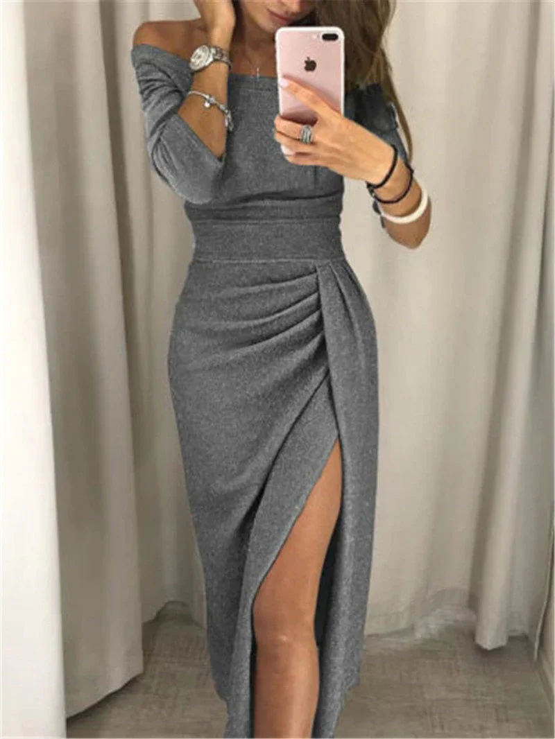 Ladies Bodycon Dress – Off-Shoulder – Midi Length – Split – Ruffles – Shiny Fabric - Image 5