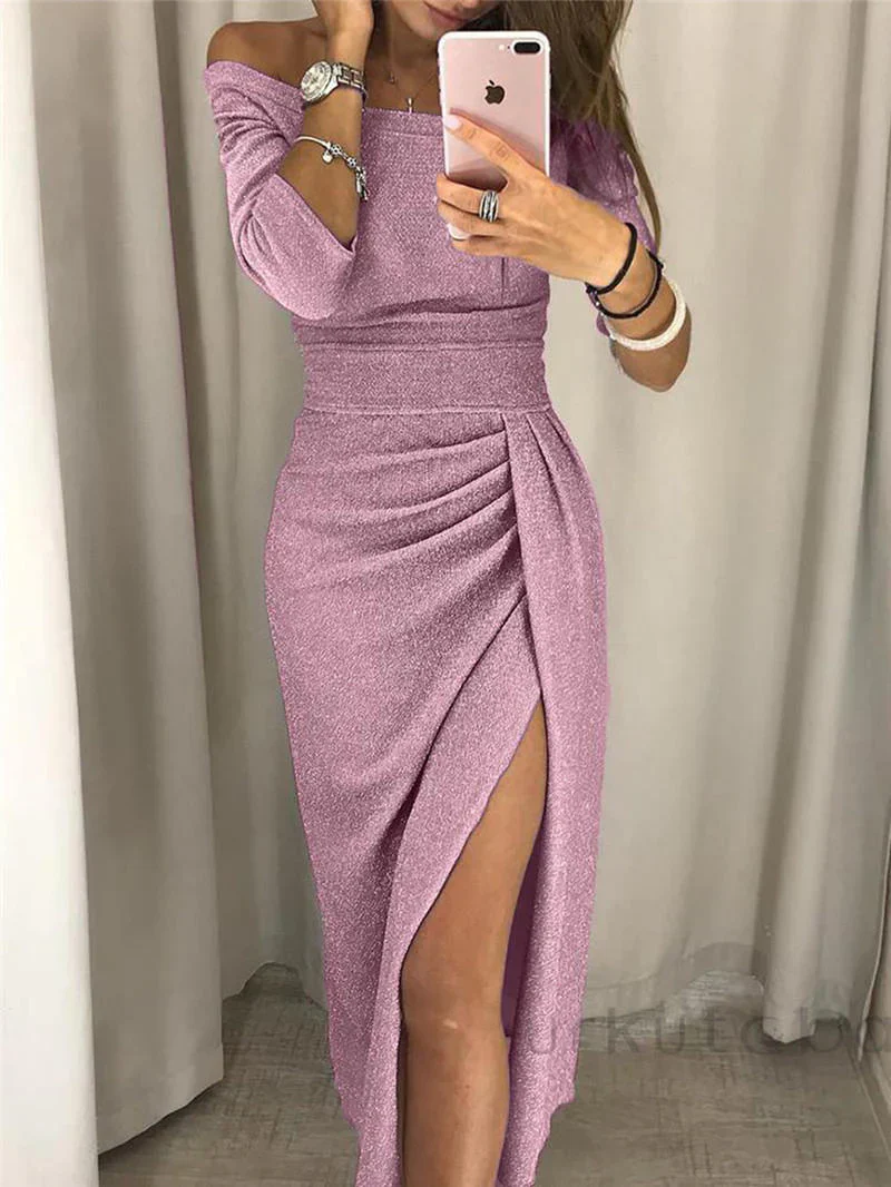 Ladies Bodycon Dress – Off-Shoulder – Midi Length – Split – Ruffles – Shiny Fabric - Image 6
