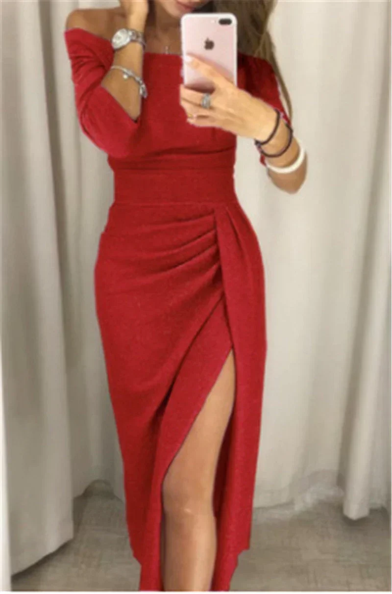 Ladies Bodycon Dress – Off-Shoulder – Midi Length – Split – Ruffles – Shiny Fabric - Image 7