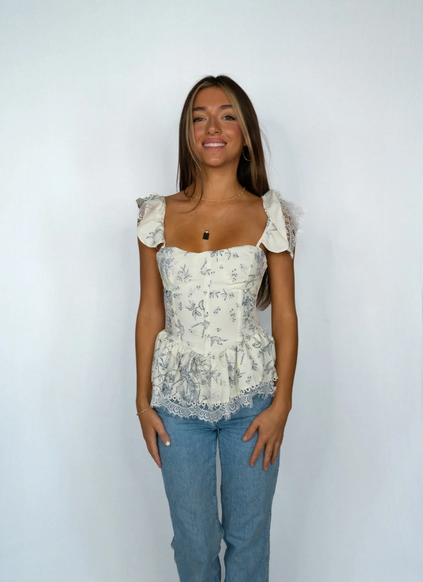 Ladies Peplum Top – Ruffled Straps – Lace Hem – Elegant Floral Print - Image 3