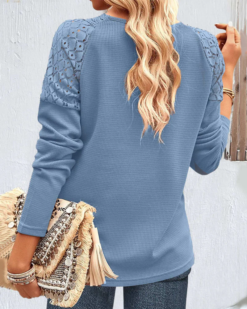 Women's Blouse – Lace V-Neck – Long Sleeves – Textured Fabric – Elegant Look - Image 3