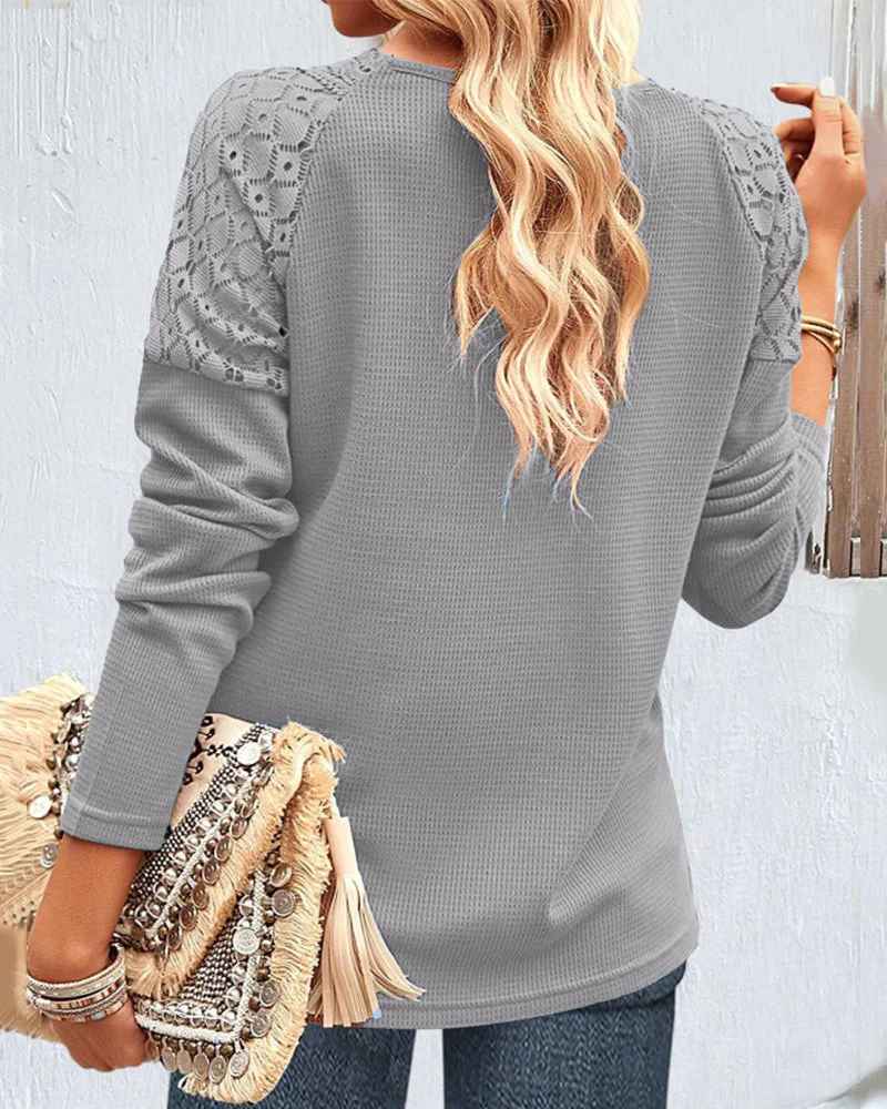 Women's Blouse – Lace V-Neck – Long Sleeves – Textured Fabric – Elegant Look - Image 5