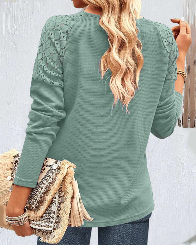 Women's Blouse – Lace V-Neck – Long Sleeves – Textured Fabric – Elegant Look - Image 7