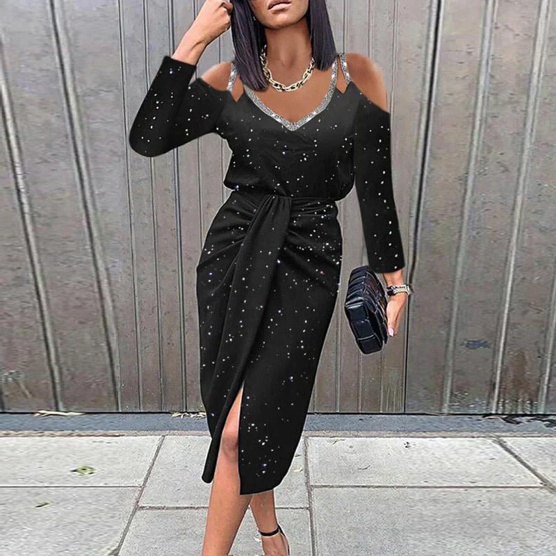 Women's Dress – Midi Wrap Design – Lace V-neck – Long Sleeves – Tailored Fit - Image 3