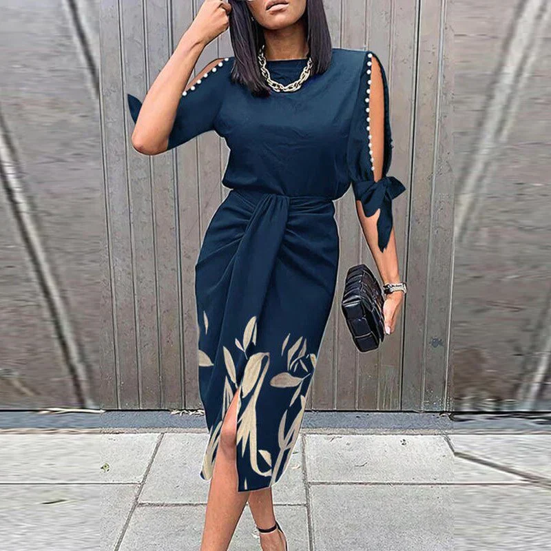 Women's Dress – Midi Wrap Design – Lace V-neck – Long Sleeves – Tailored Fit - Image 4
