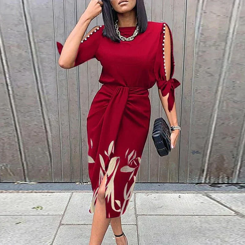 Women's Dress – Midi Wrap Design – Lace V-neck – Long Sleeves – Tailored Fit - Image 6