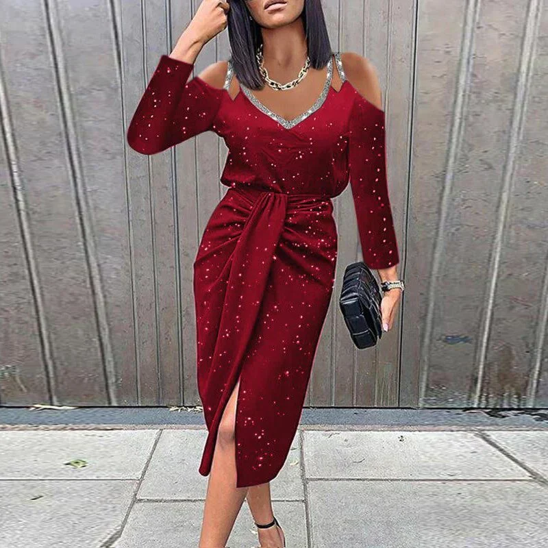 Women's Dress – Midi Wrap Design – Lace V-neck – Long Sleeves – Tailored Fit - Image 7