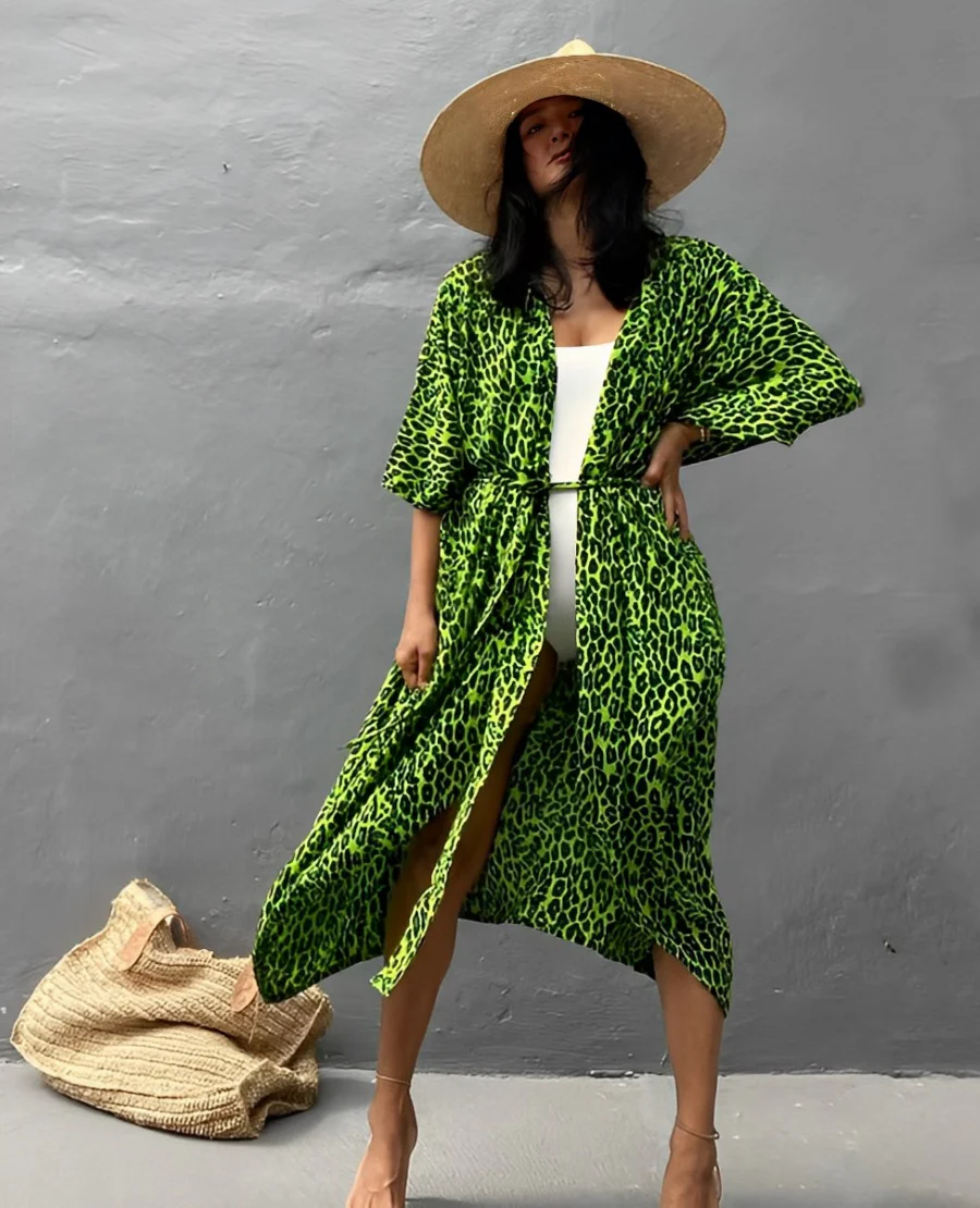 Women's Kaftan Dress – Lightweight Fabric – V-Neck – Waist Belt – Asymmetrical Hem - Image 10