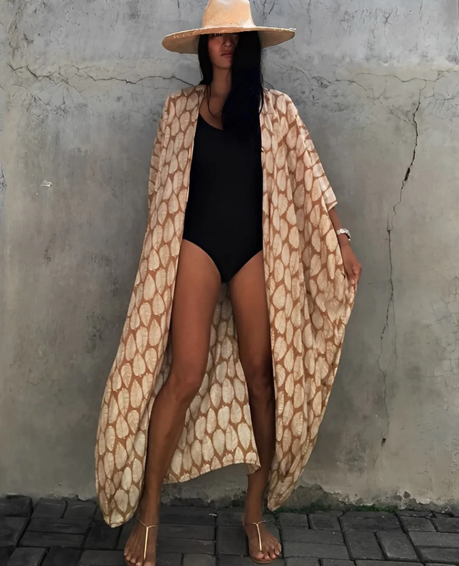 Women's Kaftan Dress – Lightweight Fabric – V-Neck – Waist Belt – Asymmetrical Hem - Image 3