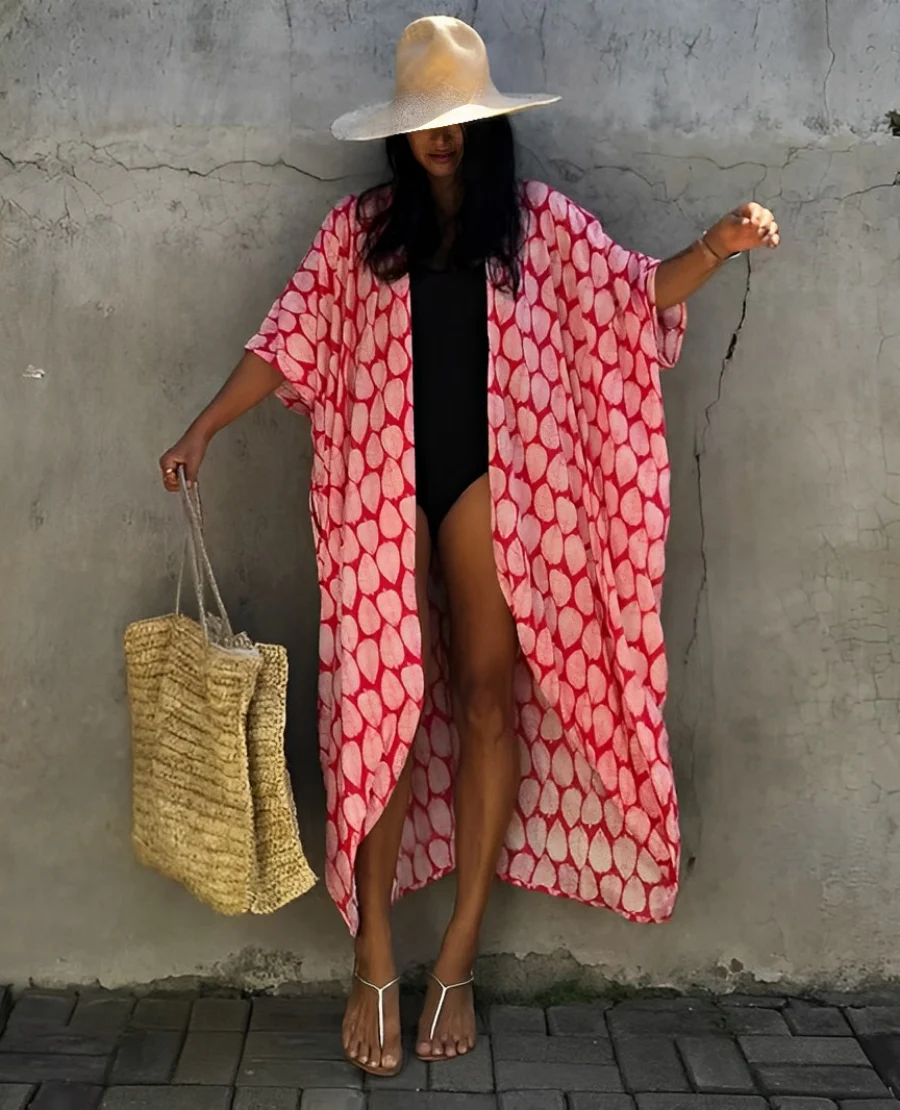 Women's Kaftan Dress – Lightweight Fabric – V-Neck – Waist Belt – Asymmetrical Hem - Image 4