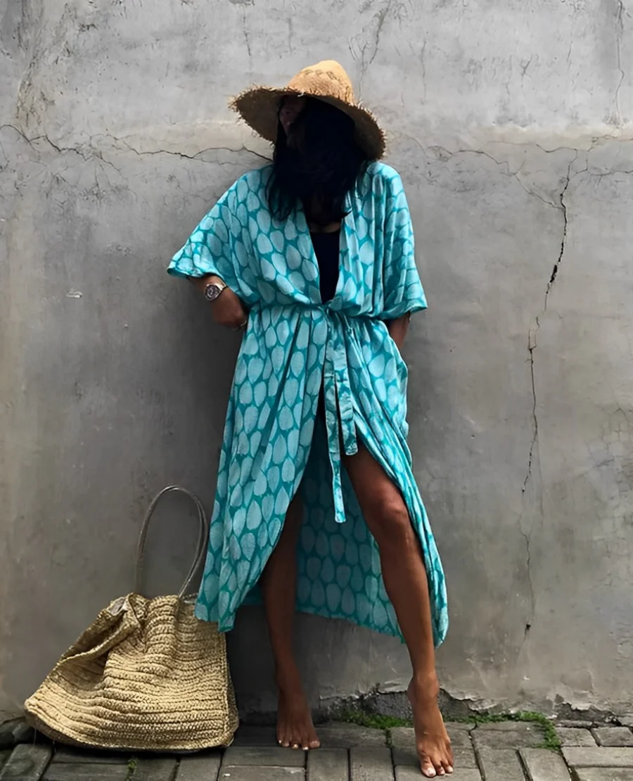 Women's Kaftan Dress – Lightweight Fabric – V-Neck – Waist Belt – Asymmetrical Hem - Image 5