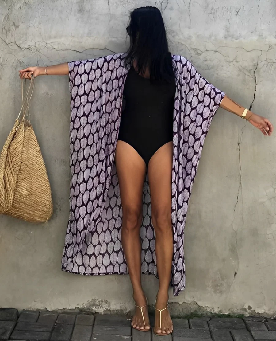 Women's Kaftan Dress – Lightweight Fabric – V-Neck – Waist Belt – Asymmetrical Hem - Image 7
