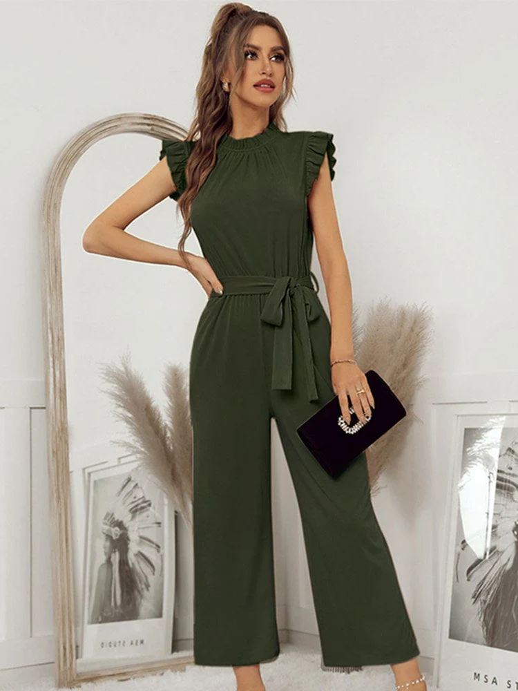 Ladies Jumpsuit - Sleeveless with Ruffles - High Neck - Belt - Wide Legs - Image 2