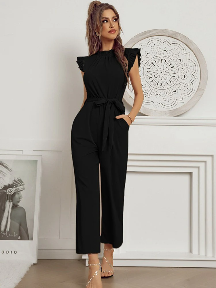 Ladies Jumpsuit - Sleeveless with Ruffles - High Neck - Belt - Wide Legs - Image 3