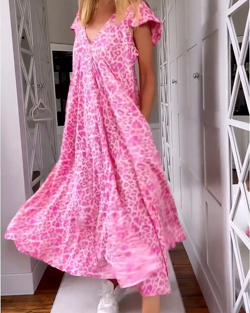 Women's Maxi Dress – V-neck – Short Sleeves – Ruffles – Lightweight – Leopard Print - Image 2