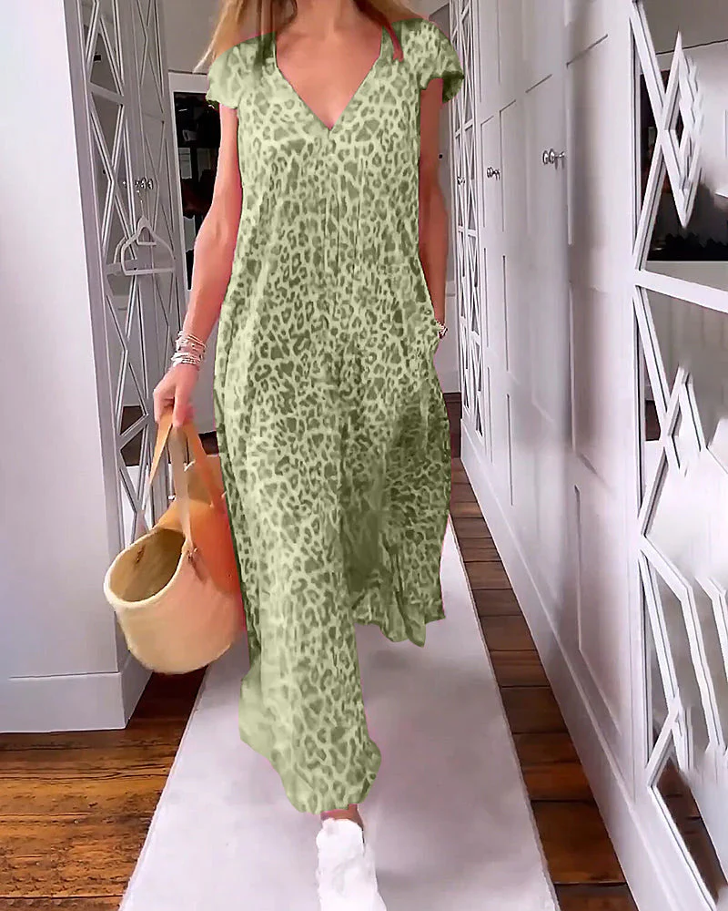 Women's Maxi Dress – V-neck – Short Sleeves – Ruffles – Lightweight – Leopard Print - Image 5