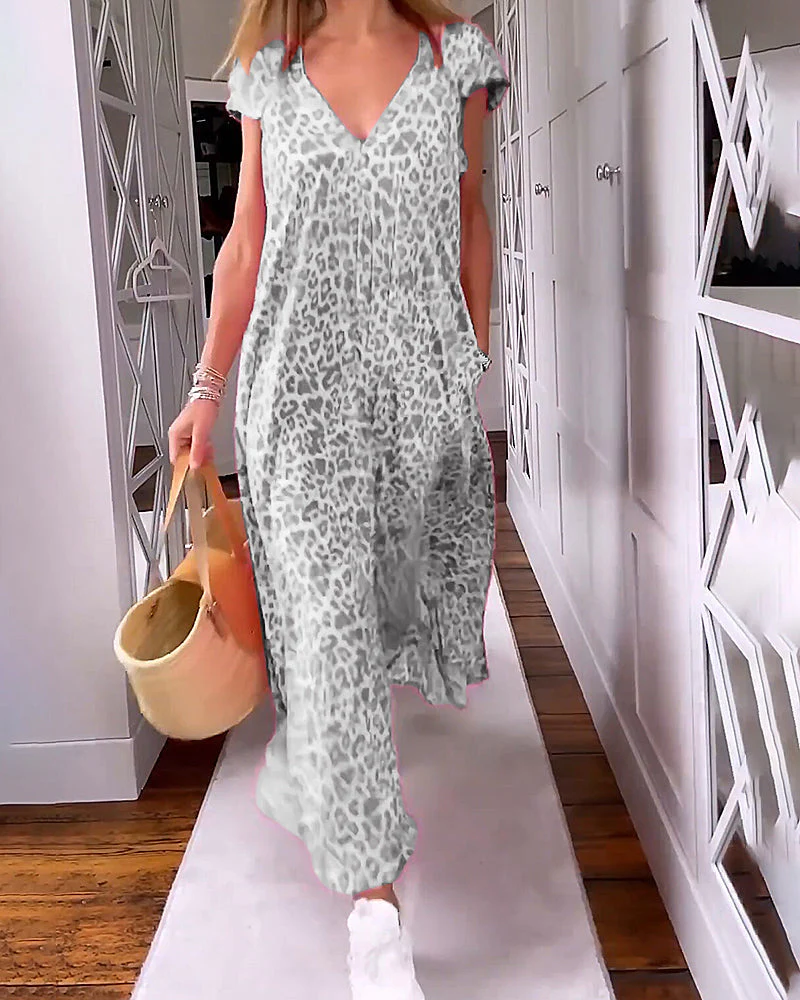 Women's Maxi Dress – V-neck – Short Sleeves – Ruffles – Lightweight – Leopard Print - Image 9
