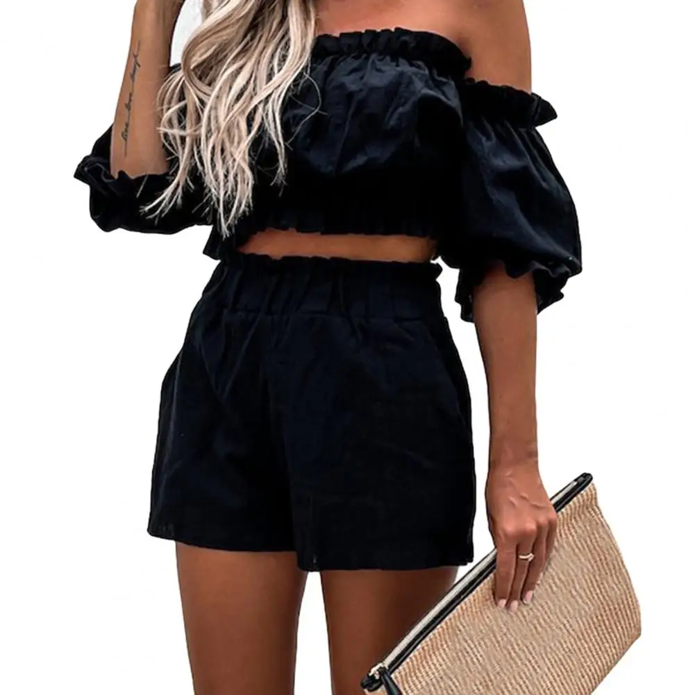 Women's Two-Piece Set – Off-Shoulder Crop Top – High Waist Shorts – Airy Fit - Image 6