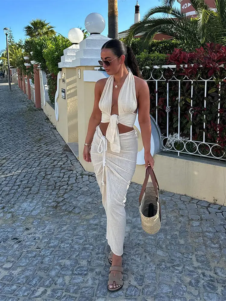 Ladies Two-Piece Set – Halter Top with Bow – Long Figure-hugging Skirt – Elegant & Casual - Image 2