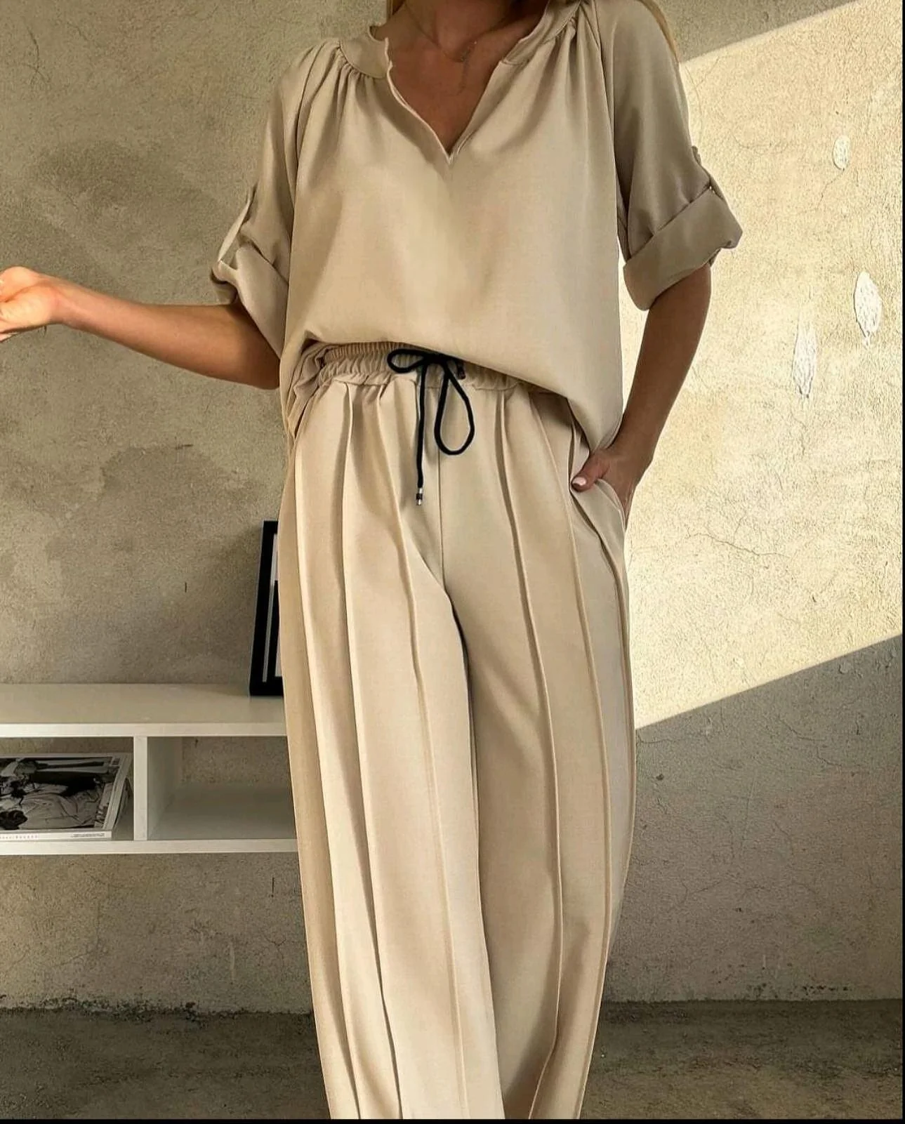 Ladies Two-Piece Set – Blouse with Split Collar – Wide High Waist Pants – Comfort Fit - Image 2