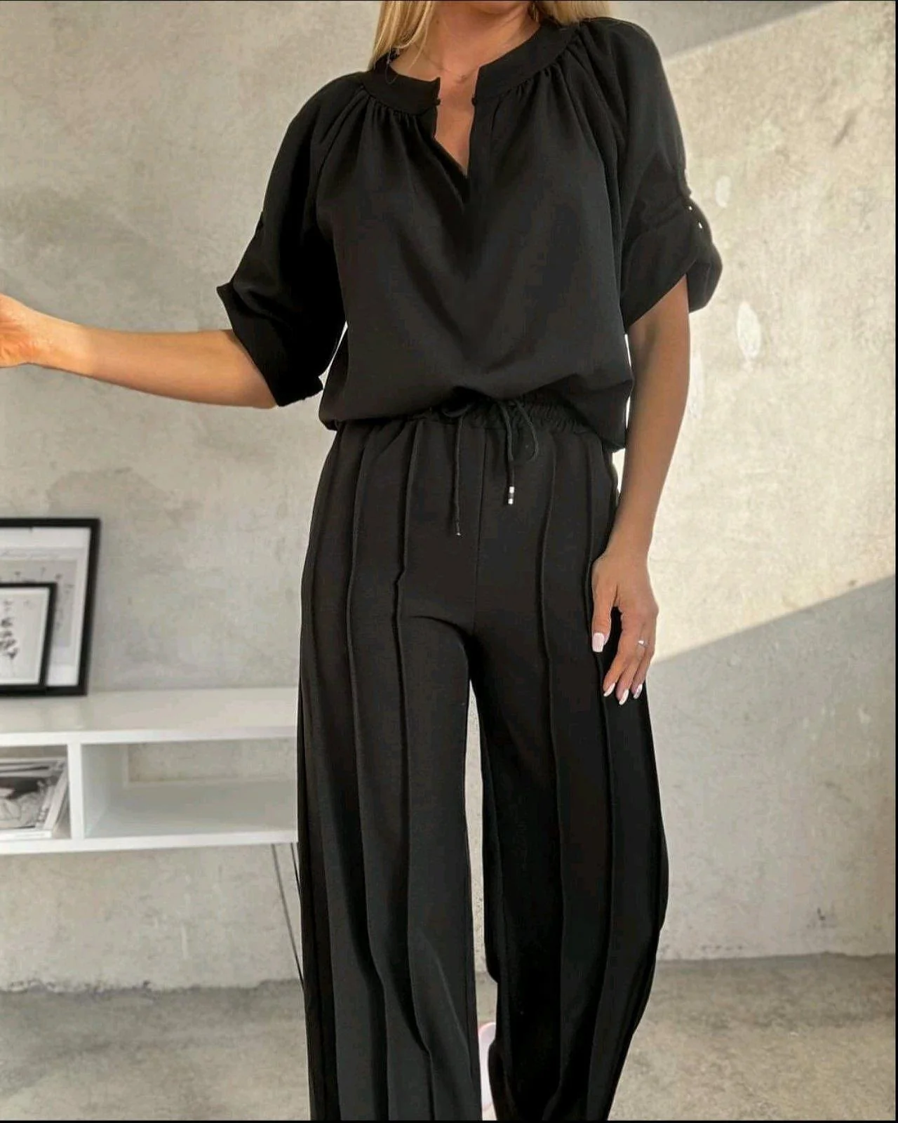 Ladies Two-Piece Set – Blouse with Split Collar – Wide High Waist Pants – Comfort Fit - Image 3