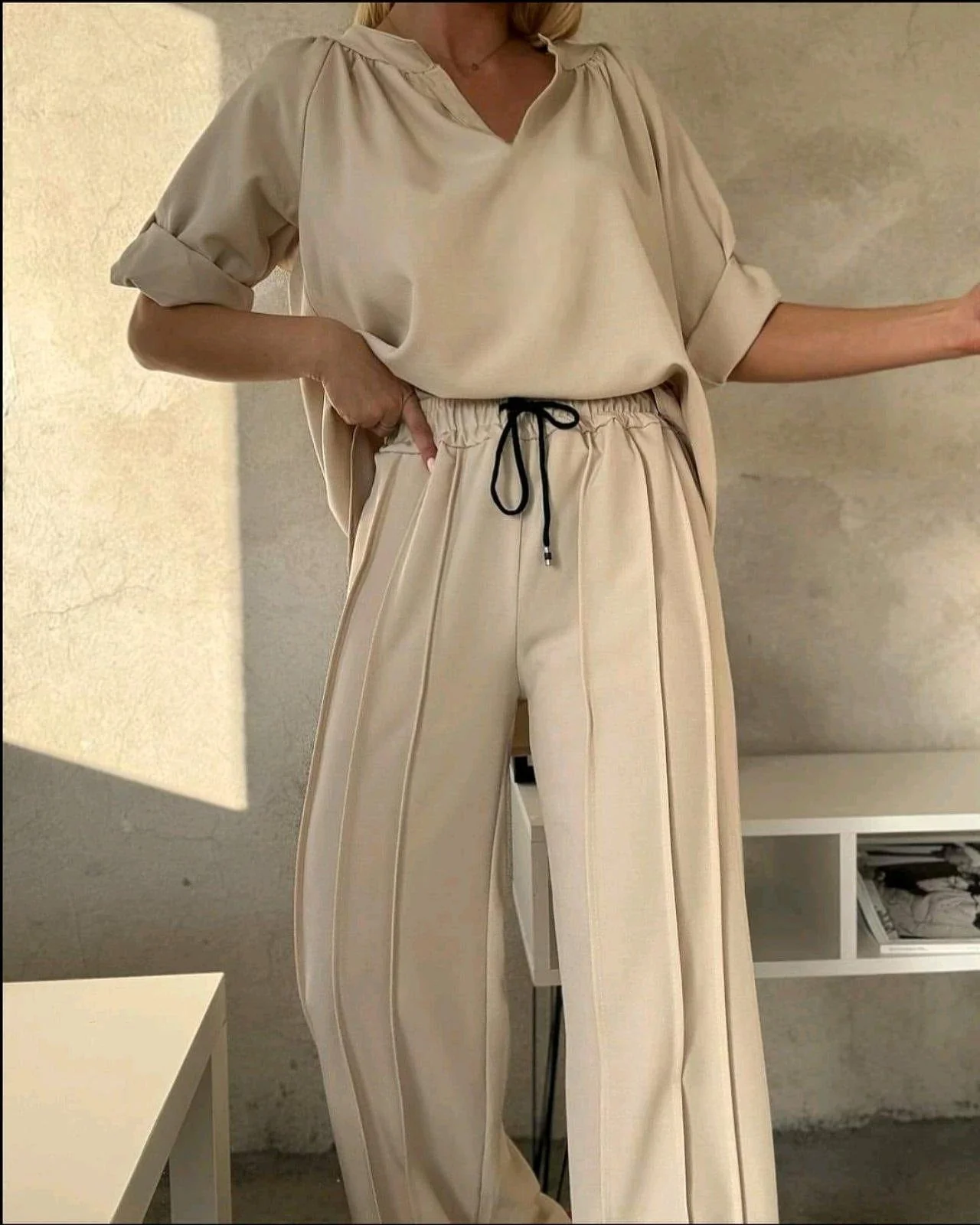 Ladies Two-Piece Set – Blouse with Split Collar – Wide High Waist Pants – Comfort Fit - Image 4