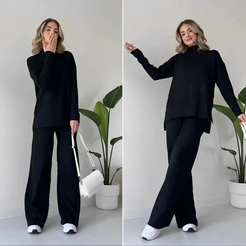 Women's Lounge Set – Ribbed – Turtleneck Sweater – Wide-Leg Pants – Relaxed Fit - Image 2