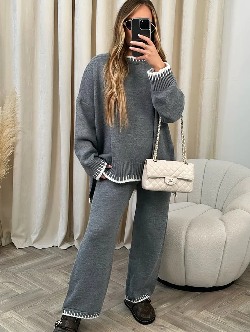 Women's Loungewear Set – Knit Sweater with Contrast Details – Comfortable Wide Pants - Image 3