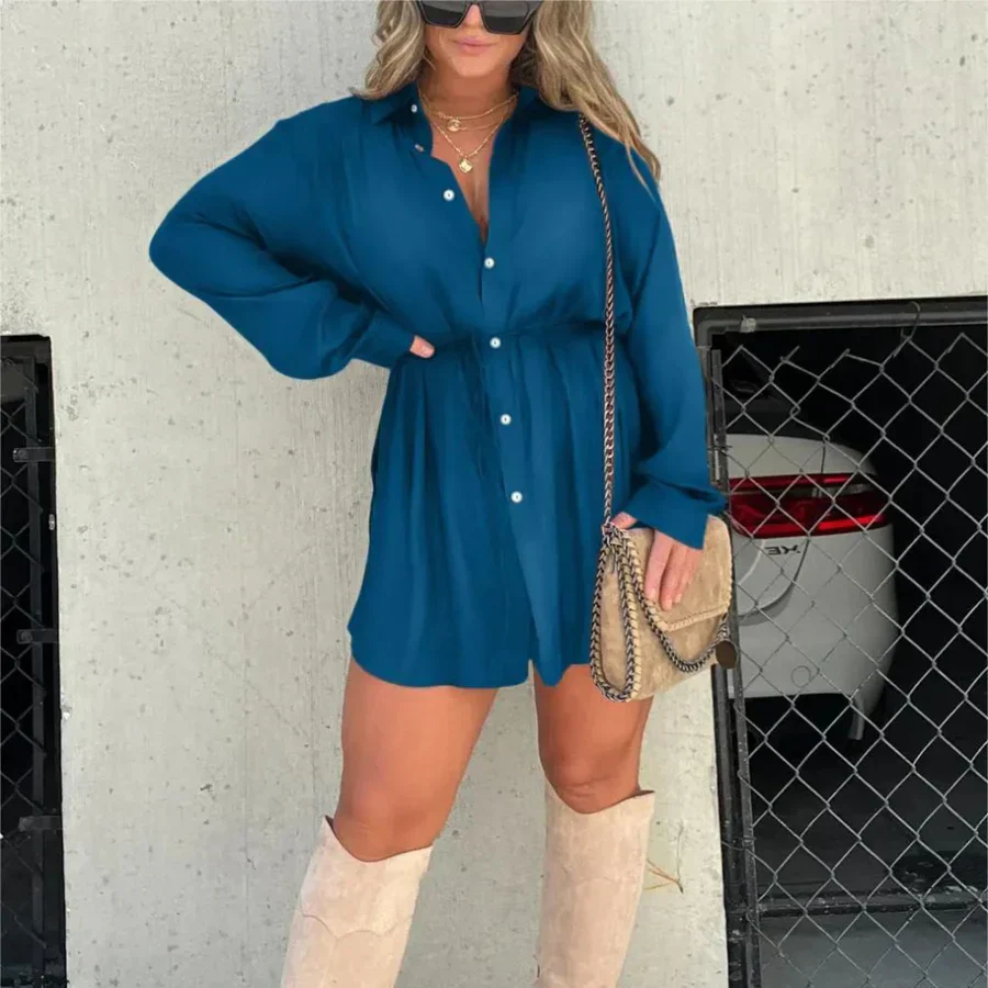 Women's Shirt Dress – Oversized Fit – Long Sleeve – Button Closure – Waist Tie - Image 3