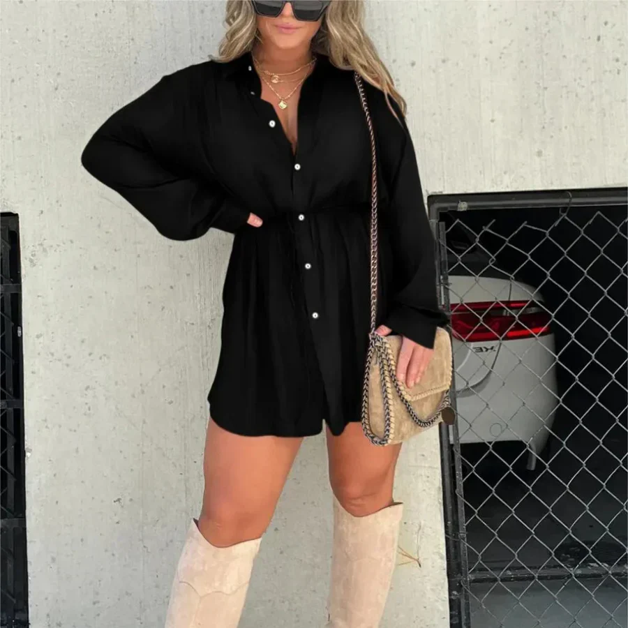 Women's Shirt Dress – Oversized Fit – Long Sleeve – Button Closure – Waist Tie - Image 4