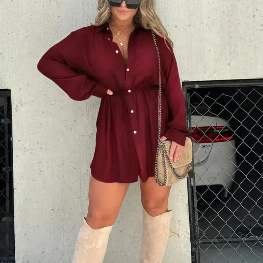 Women's Shirt Dress – Oversized Fit – Long Sleeve – Button Closure – Waist Tie - Image 5