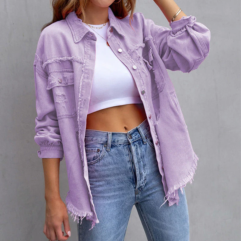 Women's Denim Jacket - Denim - Distressed Look - With Button Closure and Chest Pockets - Image 3