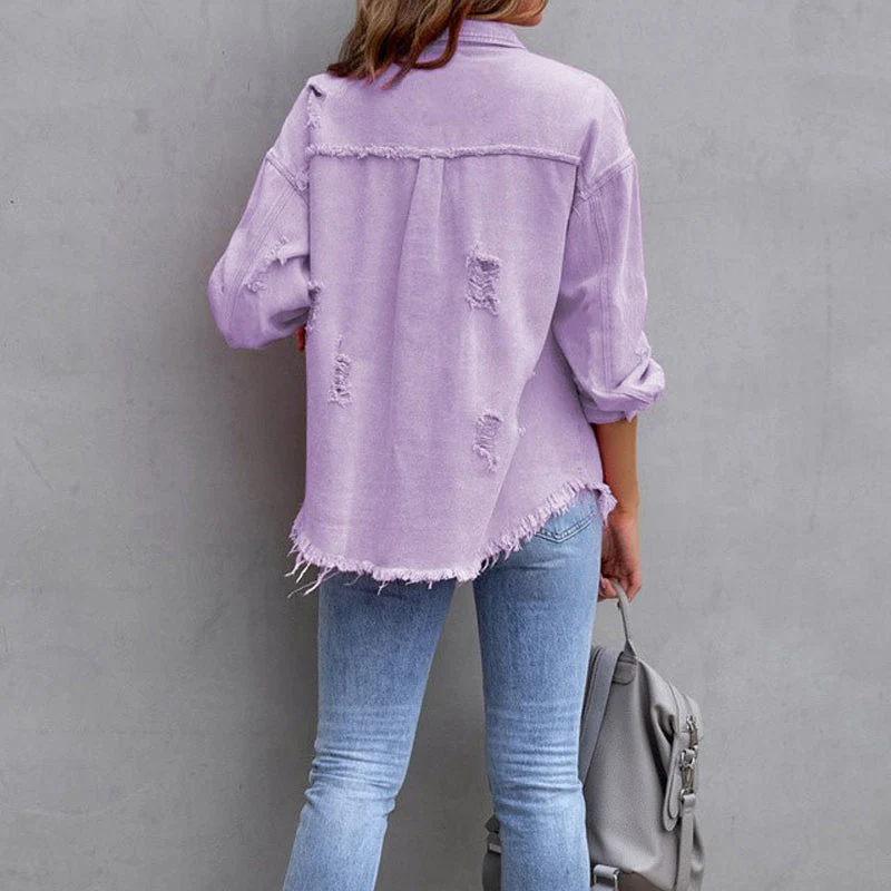 Women's Denim Jacket - Denim - Distressed Look - With Button Closure and Chest Pockets - Image 4
