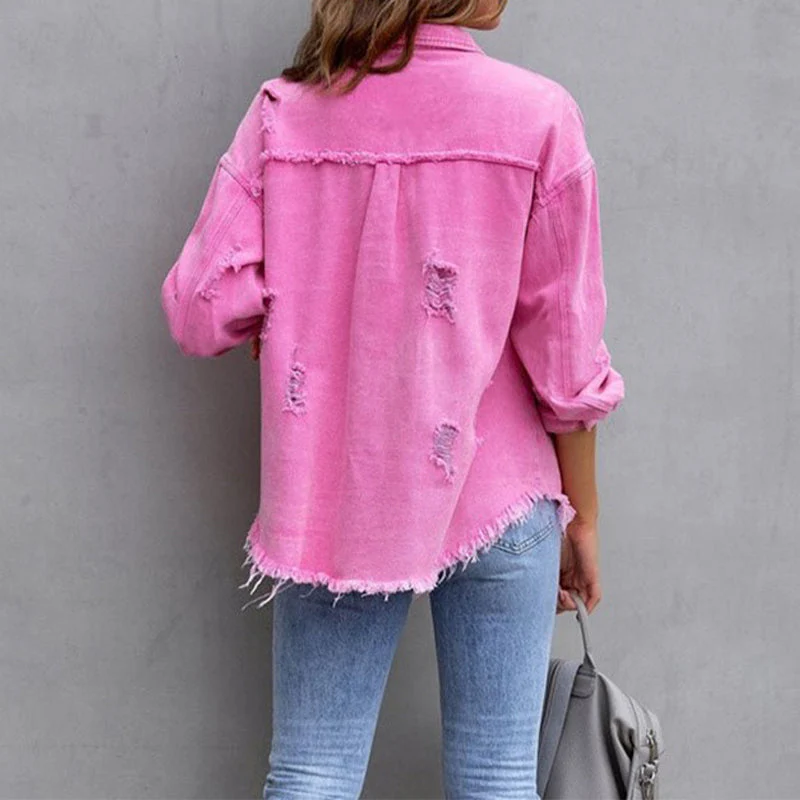 Women's Denim Jacket - Denim - Distressed Look - With Button Closure and Chest Pockets - Image 5