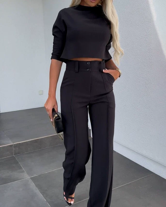 Women's Two-Piece Set – Boxy Top with High Neck – Elegant Flared High-Waisted Trousers - Image 4
