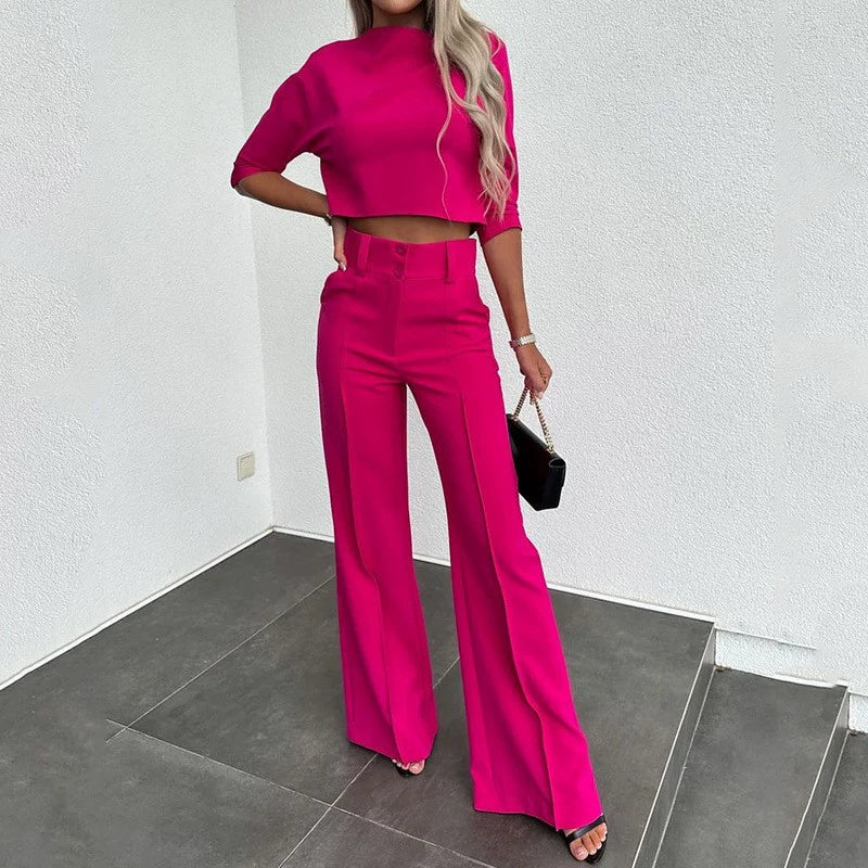 Women's Two-Piece Set – Boxy Top with High Neck – Elegant Flared High-Waisted Trousers - Image 6
