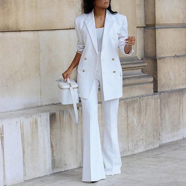Ladies Pantsuit - Tailored Blazer and Flared High Waist Trousers - Double Row Buttons - Image 2