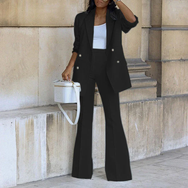 Ladies Pantsuit - Tailored Blazer and Flared High Waist Trousers - Double Row Buttons - Image 3