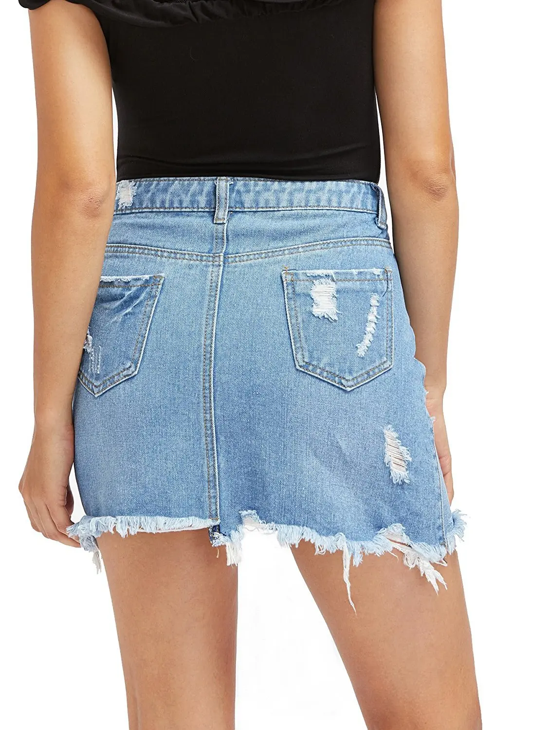 Ladies Mini Skirt - Denim - Distressed Look - Fringe Hem - Casual Slim Fit - Image 2