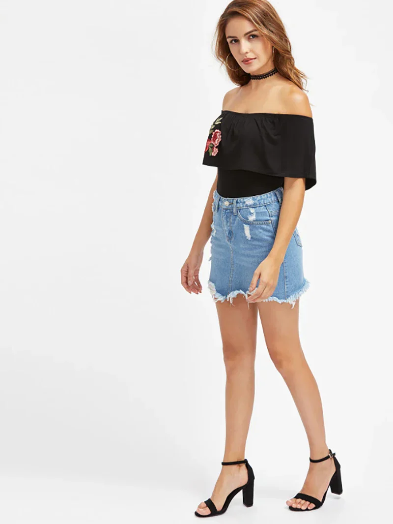 Ladies Mini Skirt - Denim - Distressed Look - Fringe Hem - Casual Slim Fit - Image 3