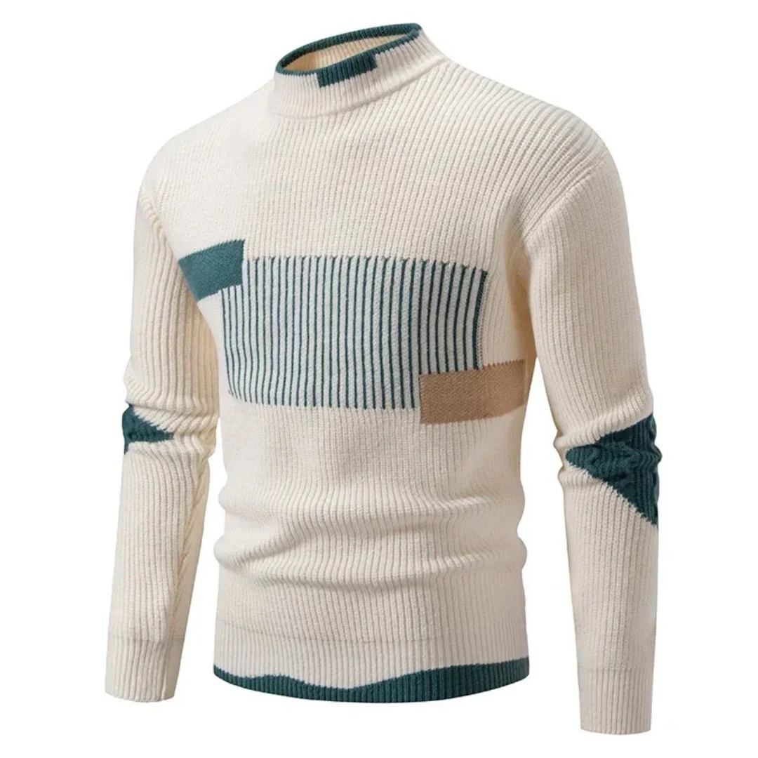 Men's Sweater – Knitted Regular Fit – Mock Neck – Geometric Design – Long Sleeve - Image 2