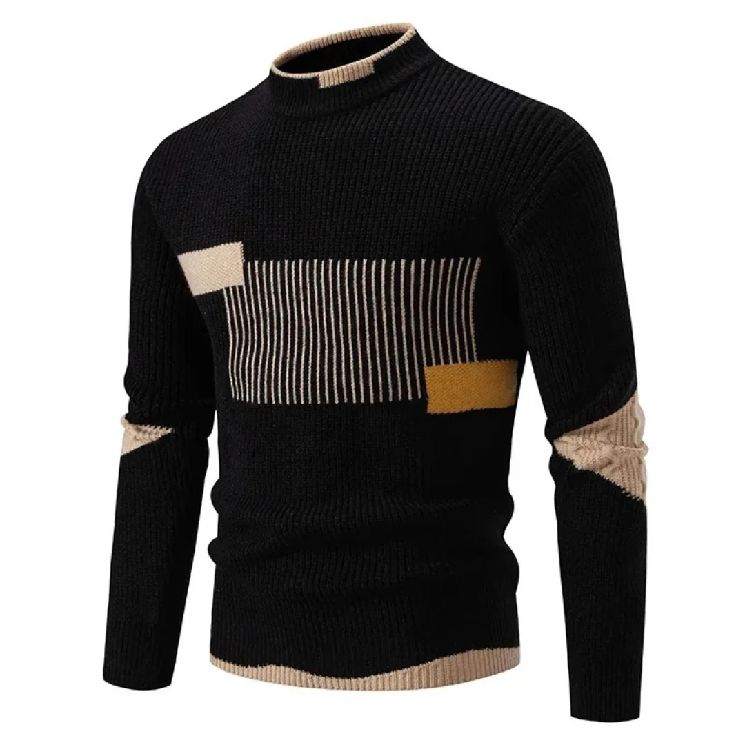 Men's Sweater – Knitted Regular Fit – Mock Neck – Geometric Design – Long Sleeve - Image 3