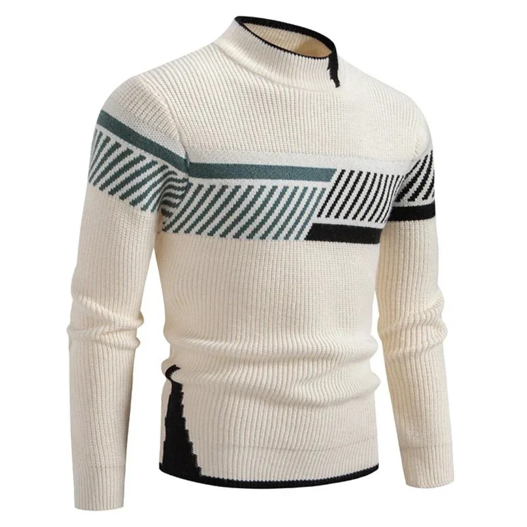 Men's Sweater – Knitted Regular Fit – Mock Neck – Geometric Design – Long Sleeve - Image 7