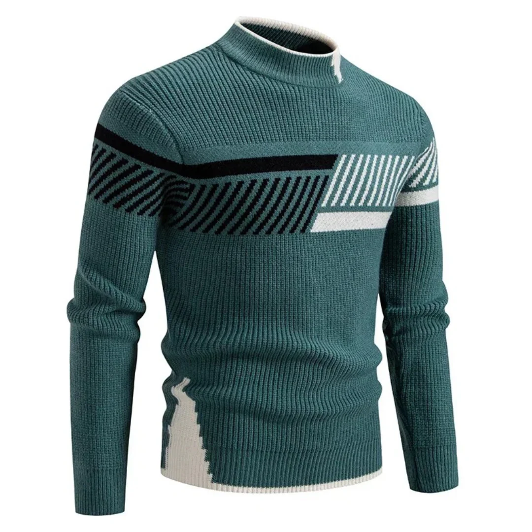 Men's Sweater – Knitted Regular Fit – Mock Neck – Geometric Design – Long Sleeve - Image 9
